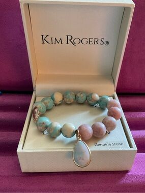 Kim Rogers Genuine Stone Stretch Bracelet Pink Blue Gold Tone Charm NIB